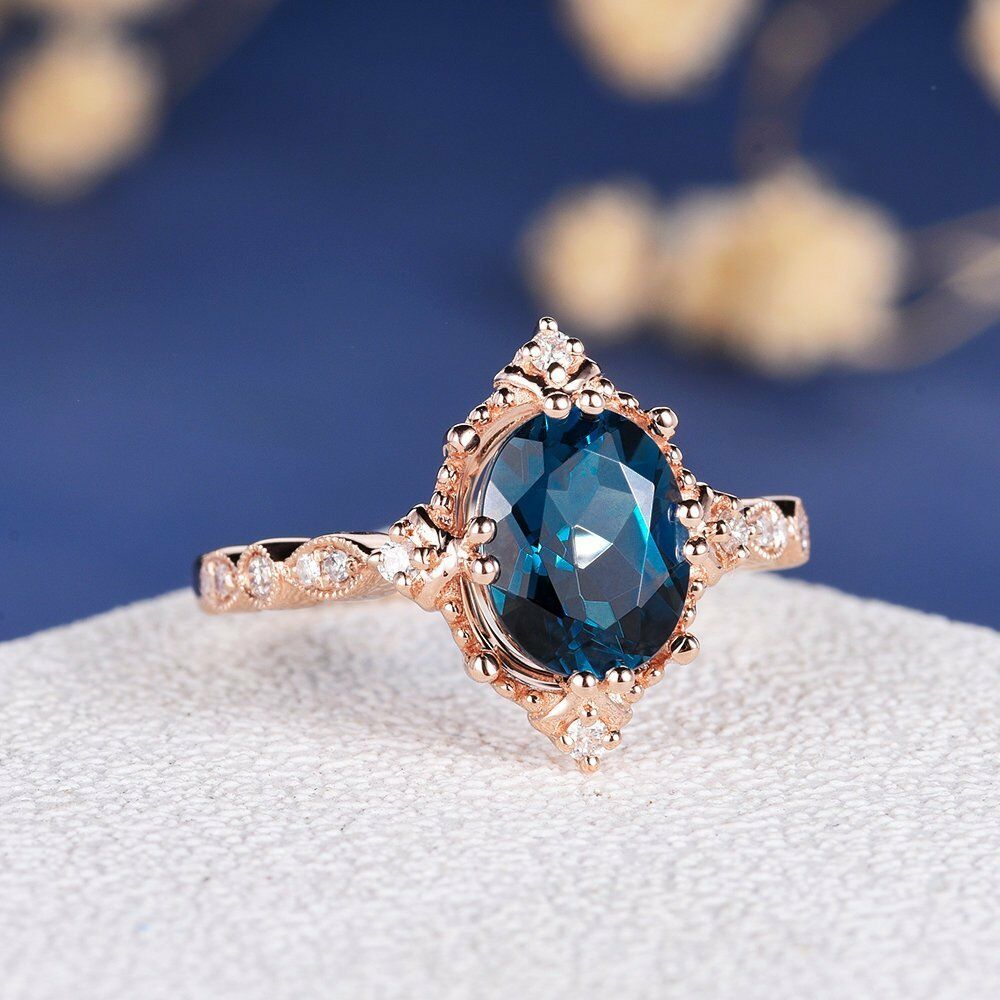 1CT Oval Cut London Blue Topaz 14k Rose Gold Over Solitaire Wedding Diamond Ring - atjewels.in