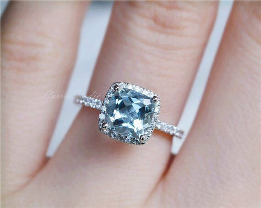 14k White Gold Over Cushion Cut Aquamarine & Diamond Halo EngagementWedding Ring - atjewels.in