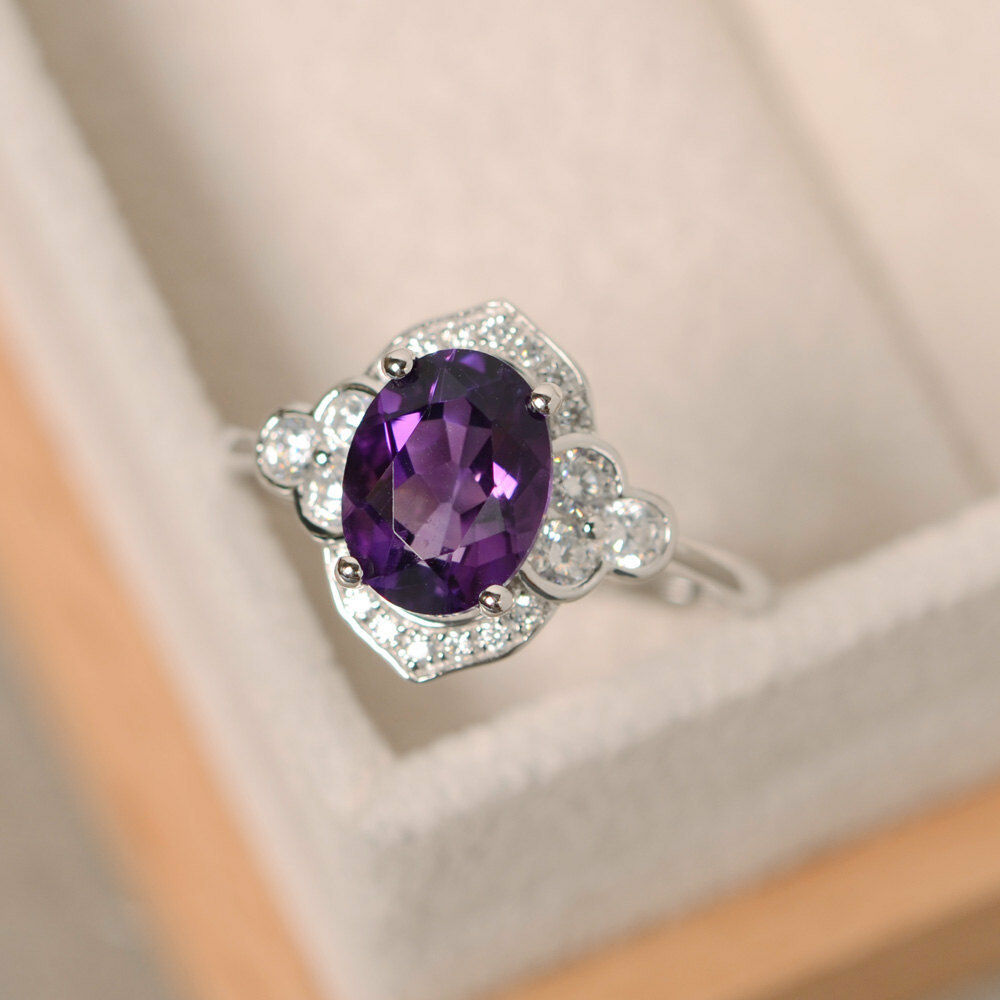 925 Sterling Silver CT Oval Cut Amethyst Diamond Halo Flower Engagement  Ring