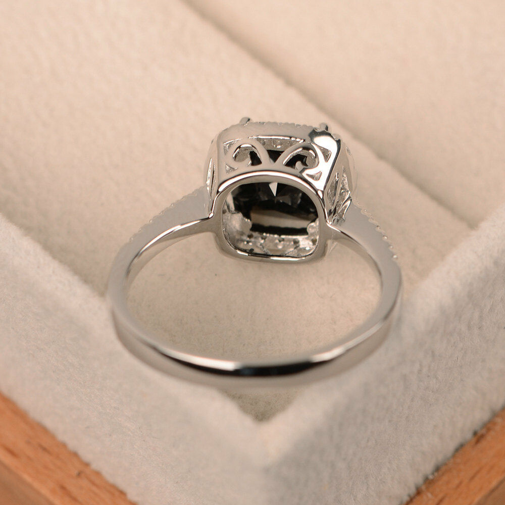2 CT Cushion Cut Black & White Diamond 14k White Gold Over Halo Engagement Ring - atjewels.in
