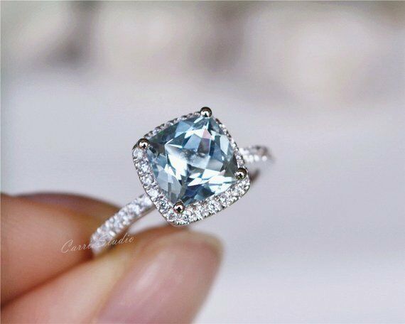 14k White Gold Over Cushion Cut Aquamarine & Diamond Halo EngagementWedding Ring - atjewels.in