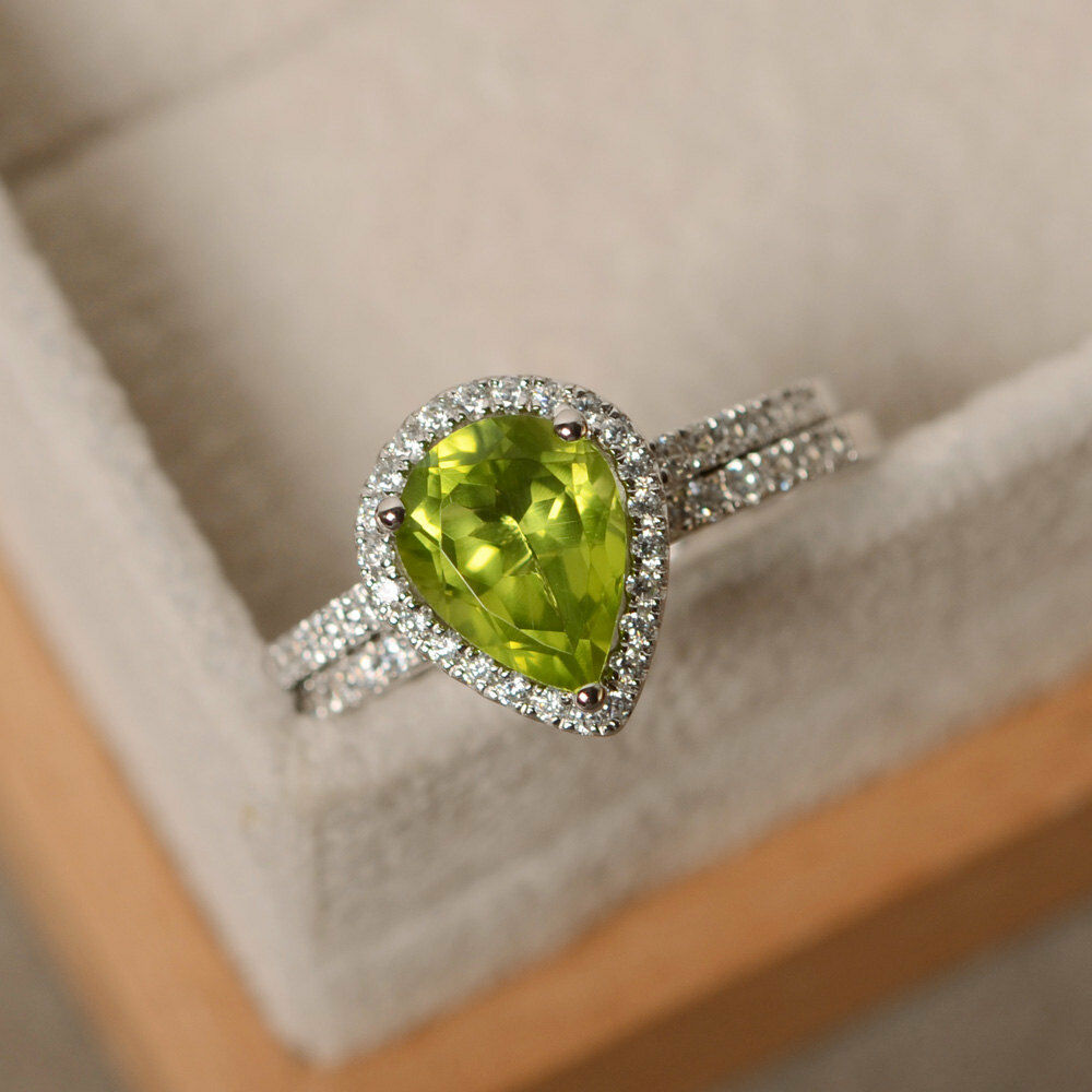 2 CT Pear Cut Peridot 14k White Gold Over Diamond Halo Bridal Wedding Ring Set - atjewels.in