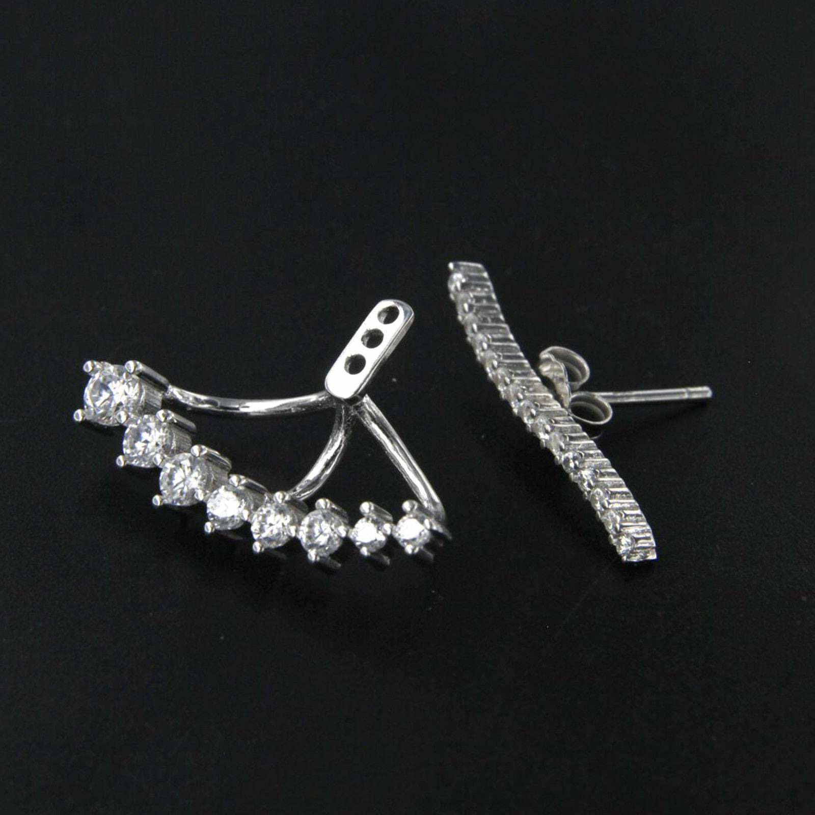 White Gold .925 Sterling Silver Round Cut White CZ Clip Ear Cuff Stud Earrings - atjewels.in
