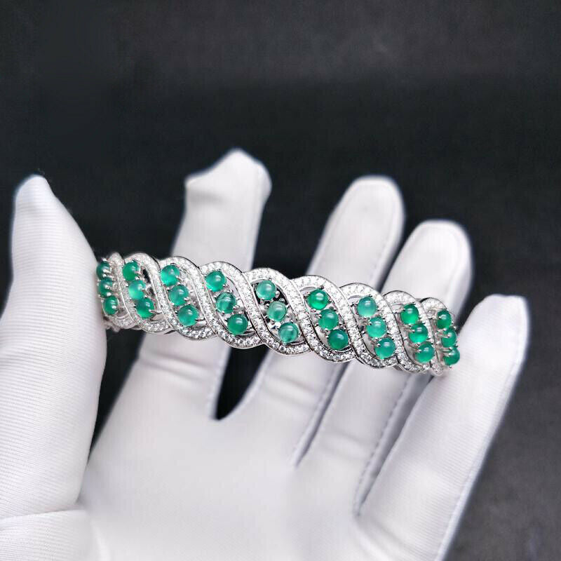 10 CT Round Cut Green Agate & Diamond 14k White Gold Over Hinged Bangle Bracelet - atjewels.in