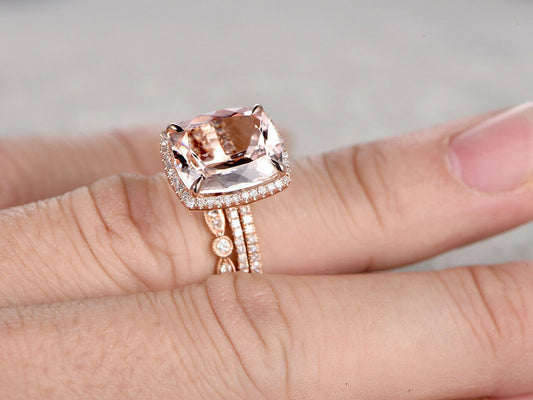 2 CT Cushion Cut Morganite Wedding Set Trio Diamond Ring 14k Rose Gold Over - atjewels.in