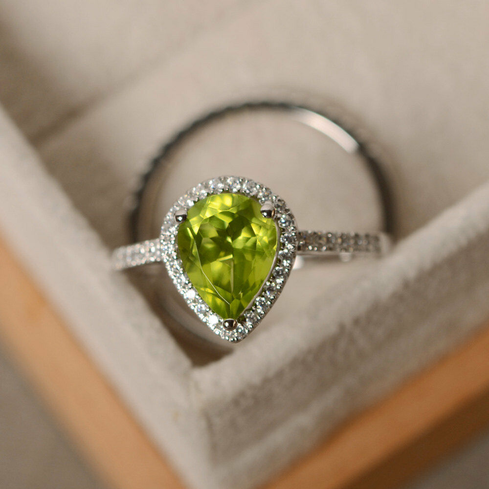 2 CT Pear Cut Peridot 14k White Gold Over Halo Diamond Wedding Bridal Ring Set - atjewels.in