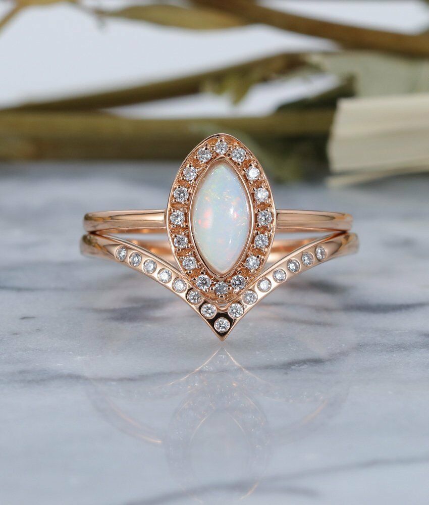 2CT Marquise Cut Fire Opal 14k Rose Gold Over Engagement Diamond Bridal Ring Set - atjewels.in