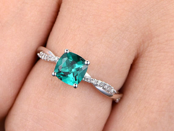 14k White Gold Over Princess Cut Emerald & Diamond Split Shank Engagement Ring - atjewels.in