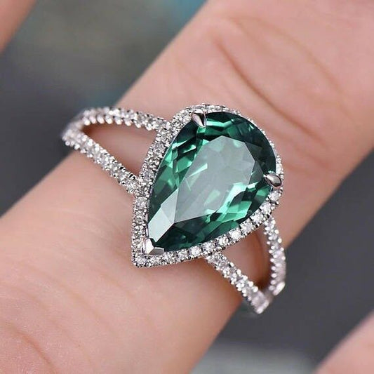 5 CT Pear Cut Emerald 14k White Gold Over Diamond Birthstone Halo Promise Ring - atjewels.in