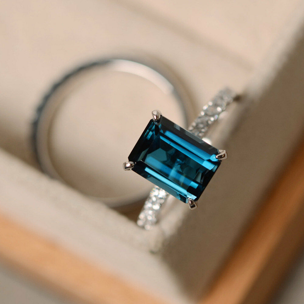 14k White Gold Over 2CT Emerald Cut London Blue Topaz Solitaire Diamond Set Ring - atjewels.in