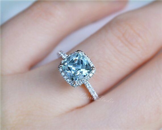 14k White Gold Over Cushion Cut Aquamarine & Diamond Halo EngagementWedding Ring - atjewels.in