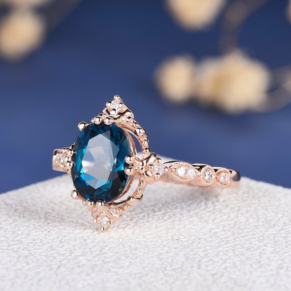 1CT Oval Cut London Blue Topaz 14k Rose Gold Over Solitaire Wedding Diamond Ring - atjewels.in