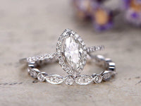 3 CT Marquise Cut Moissanite Halo Diamond 14k White Gold Over Bridal Ring Set - atjewels.in
