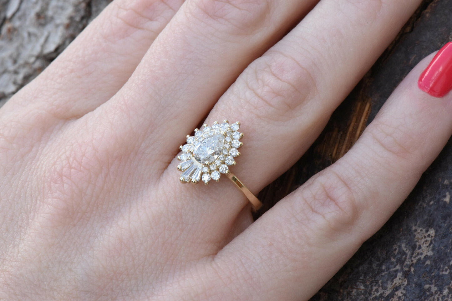 1CT Pear Round Cut Diamond 14K Yellow Gold Over Cluster Baguette Engagement Ring - atjewels.in