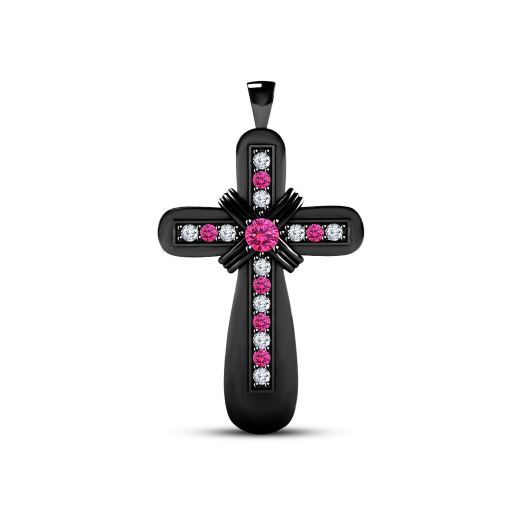 Black Gold Over .925 Sterling Silver Pink Sapphire & CZ Religious Cross Pendant - atjewels.in