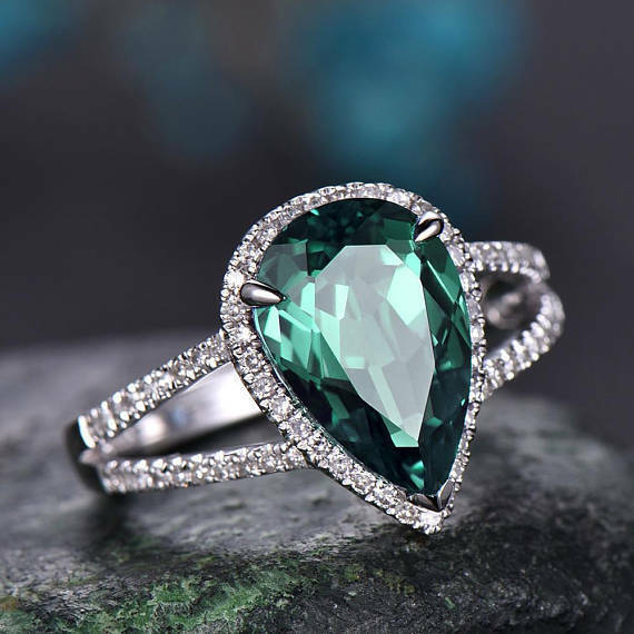5 CT Pear Cut Emerald 14k White Gold Over Diamond Birthstone Halo Promise Ring - atjewels.in