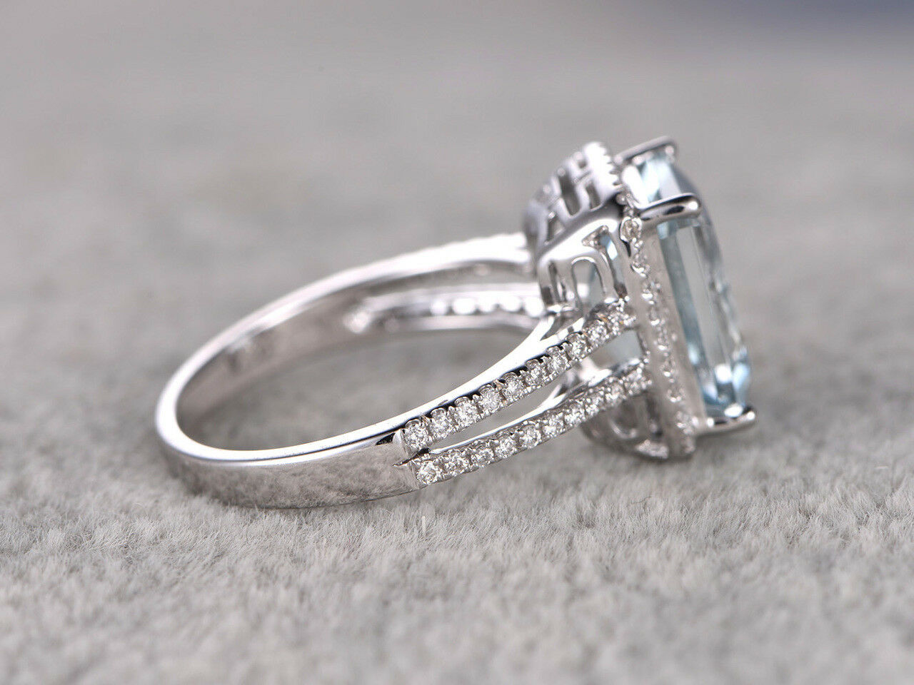 14k White Gold Over 4 CT Emerald Cut Aquamarine & Diamond Halo Split Shank Ring - atjewels.in