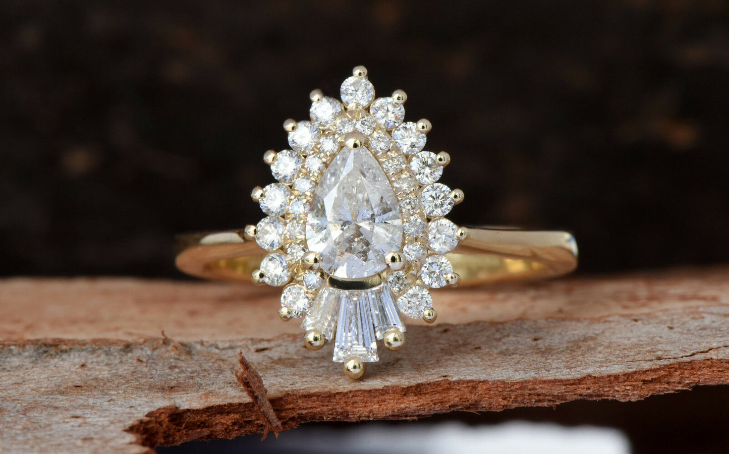 1CT Pear Round Cut Diamond 14K Yellow Gold Over Cluster Baguette Engagement Ring - atjewels.in