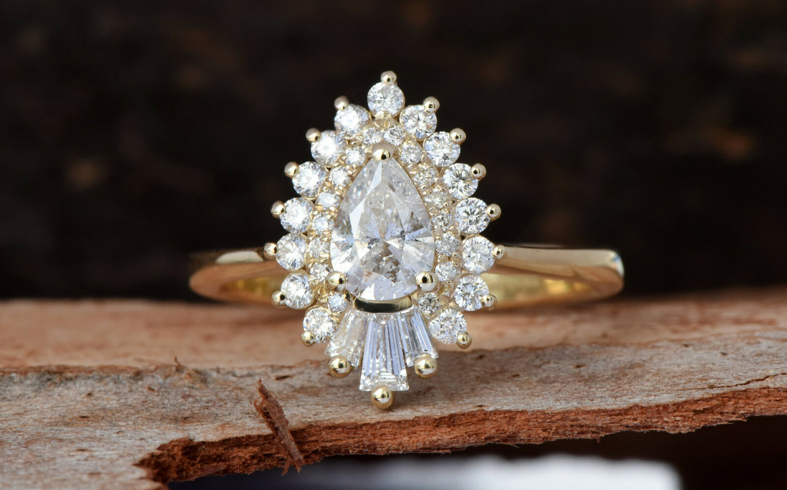1CT Pear Round Cut Diamond 14K Yellow Gold Over Cluster Baguette Engagement Ring - atjewels.in