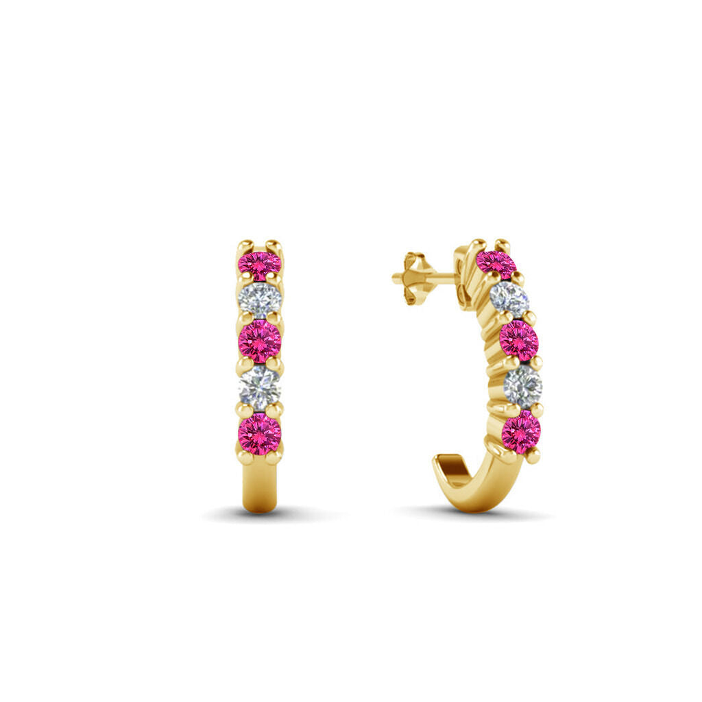 14K Yellow Gold Over 925 Sterling Pink Sapphire & White CZ J Shape Stud Earrings - atjewels.in