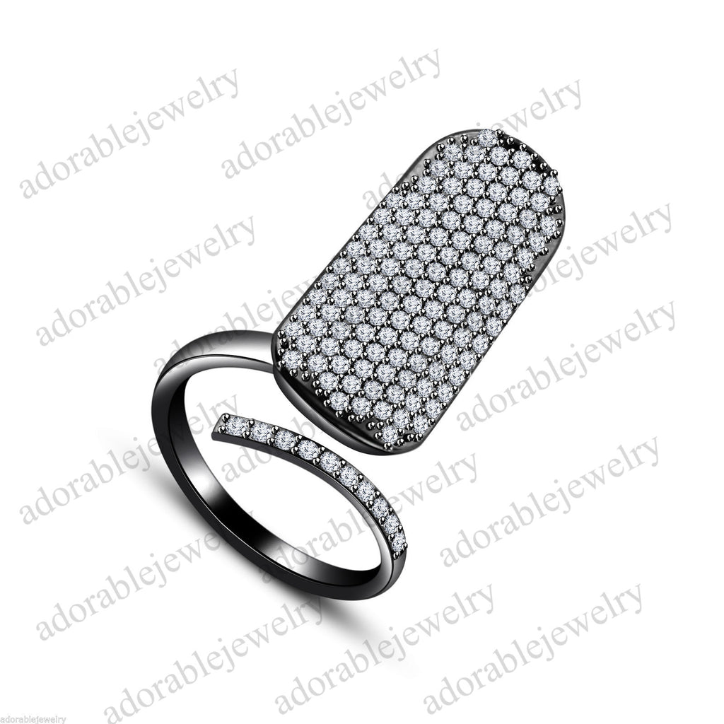 Black Rhodium 925 Sterling Silver Round White Cubic ZirconiaAdjustable Nail Ring - atjewels.in
