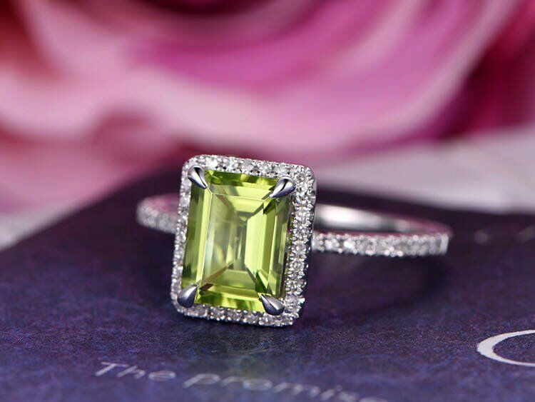 2.5 CT Emerald Cut AAA Peridot 14k White Gold Over Halo Diamond Engagement Ring - atjewels.in