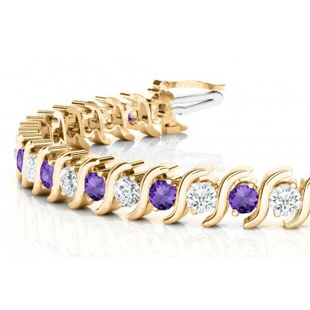 10CT Round Cut Amethyst & Diamond 14K Yellow Gold Over 7'' Tennis Link Bracelet - atjewels.in