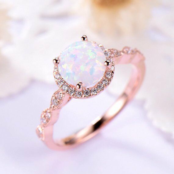 1CT Round Cut Opal & Diamond 14k Rose Gold Over Solitaire Engagement Womens Ring - atjewels.in