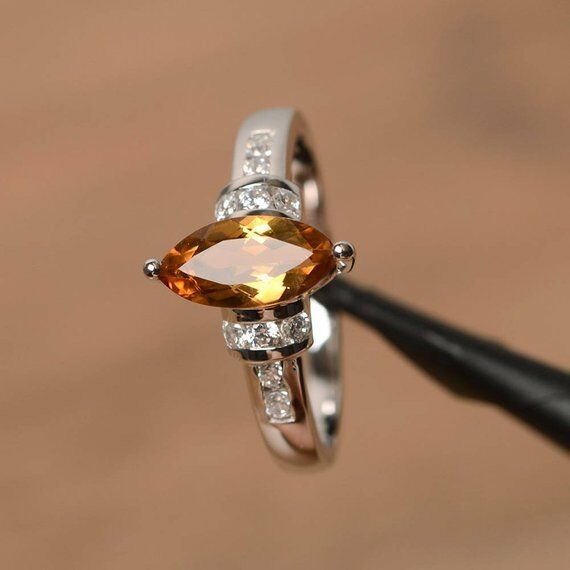 14k White Gold Over Marquise Cut Yellow Citrine & Diamond Womens Engagement Ring - atjewels.in