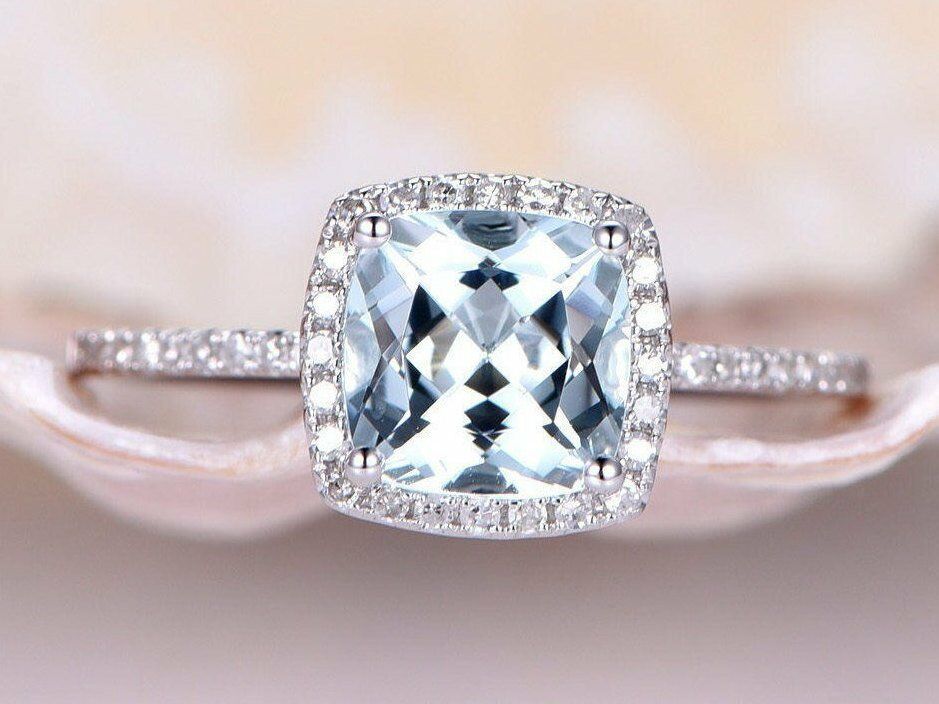 2 CT Cushion Cut Aquamarine 14k White Gold Over Diamond Halo Wedding Bridal Ring - atjewels.in