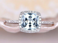 2 CT Cushion Cut Aquamarine 14k White Gold Over Diamond Halo Wedding Bridal Ring - atjewels.in