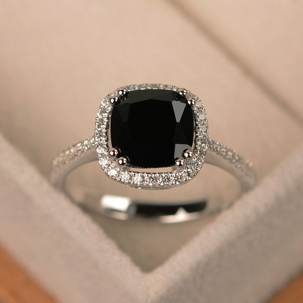 14k White Gold Over 2 CT Cushion Cut Black & White Diamond Halo Engagement Ring - atjewels.in