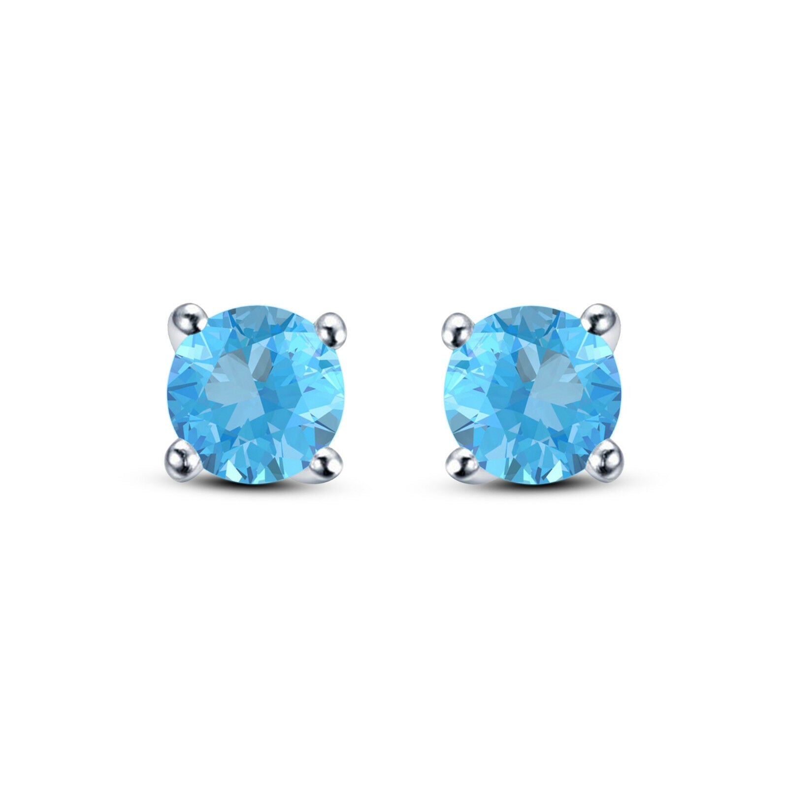 14K 925 Sterling Silver Round Cut Aquamarine Solitaire Stud Earrings For Women's - atjewels.in