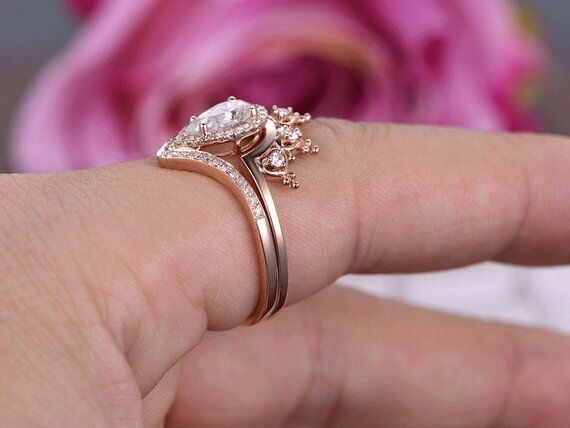2 CT Pear Morganite Diamond 14k Rose Gold Over Bridal Set Crwon Engagement Ring - atjewels.in