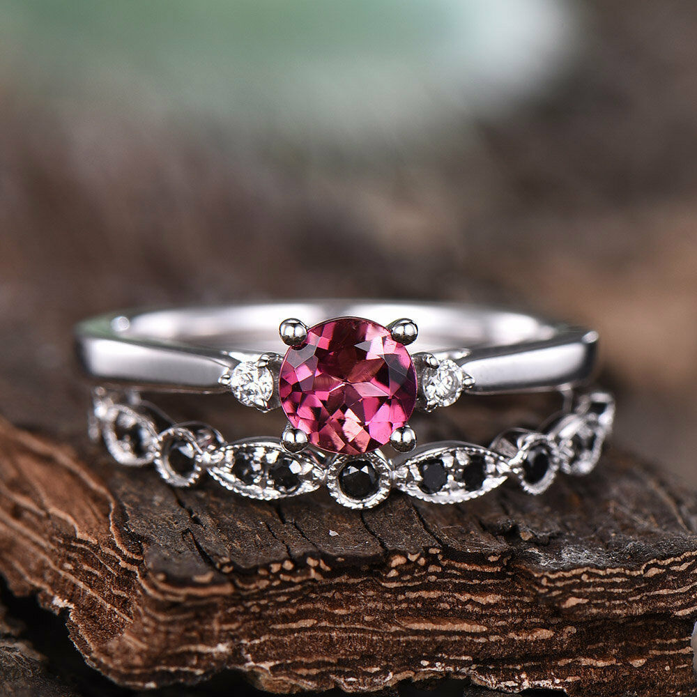 1/2 CT Round Cut Pink Tourmaline 14k White Gold Over Wedding Diamond Ring Set - atjewels.in