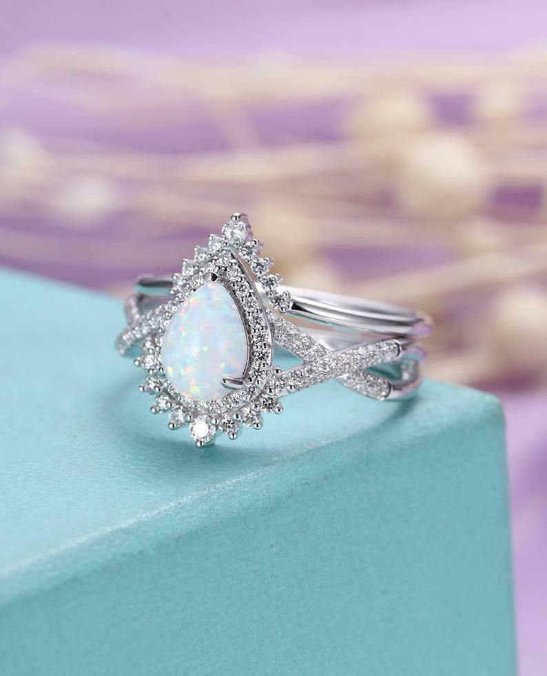 2 CT Pear Cut White Fire Opal 14k White Gold Over Diamond Vintage Halo Ring Set - atjewels.in