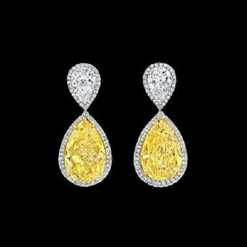 8CT Pear Cut Yellow Sapphire 14k White Gold FN Halo Diamond Drop Dangle Earrings - atjewels.in