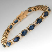 14k Yellow Gold Over Oval Cut Blue Sapphire Vintage Diamond Tennis 7" Bracelet - atjewels.in