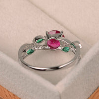 14k White Gold Over 1 CT Ruby & Emerald Solitaire Leaf Diamond Engagement Ring - atjewels.in