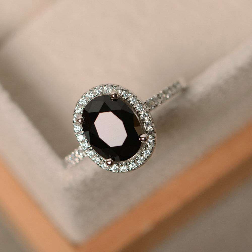 2 CT Oval Cut Black & White Diamond 14k White Gold Over Engagement Halo Ring - atjewels.in