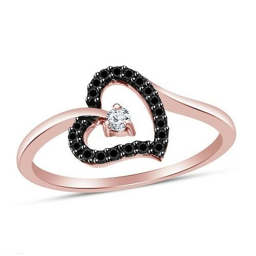 14k Rose Gold Over 0.45CT Round Cut Black & White Diamond Heart Anniversary Ring - atjewels.in