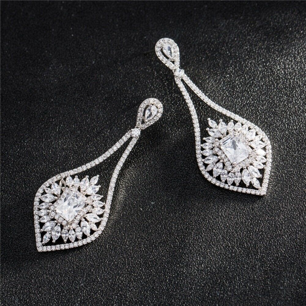 3CT Emerald & Round Cut Diamond 14k White Gold Over Drop Dangle Wedding Earrings - atjewels.in