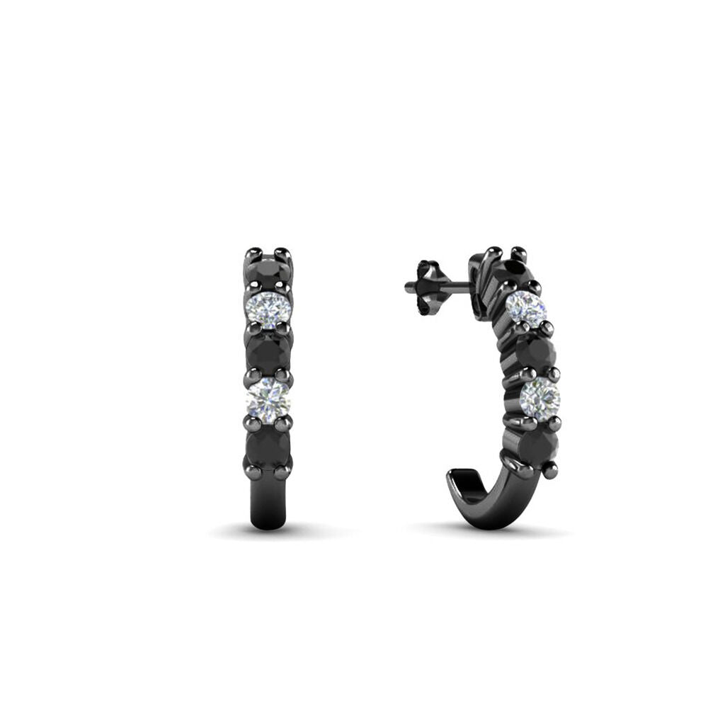 Full Black Rhodium 925 Sterling Silver Black & White CZ J Shape Stud Earrings - atjewels.in