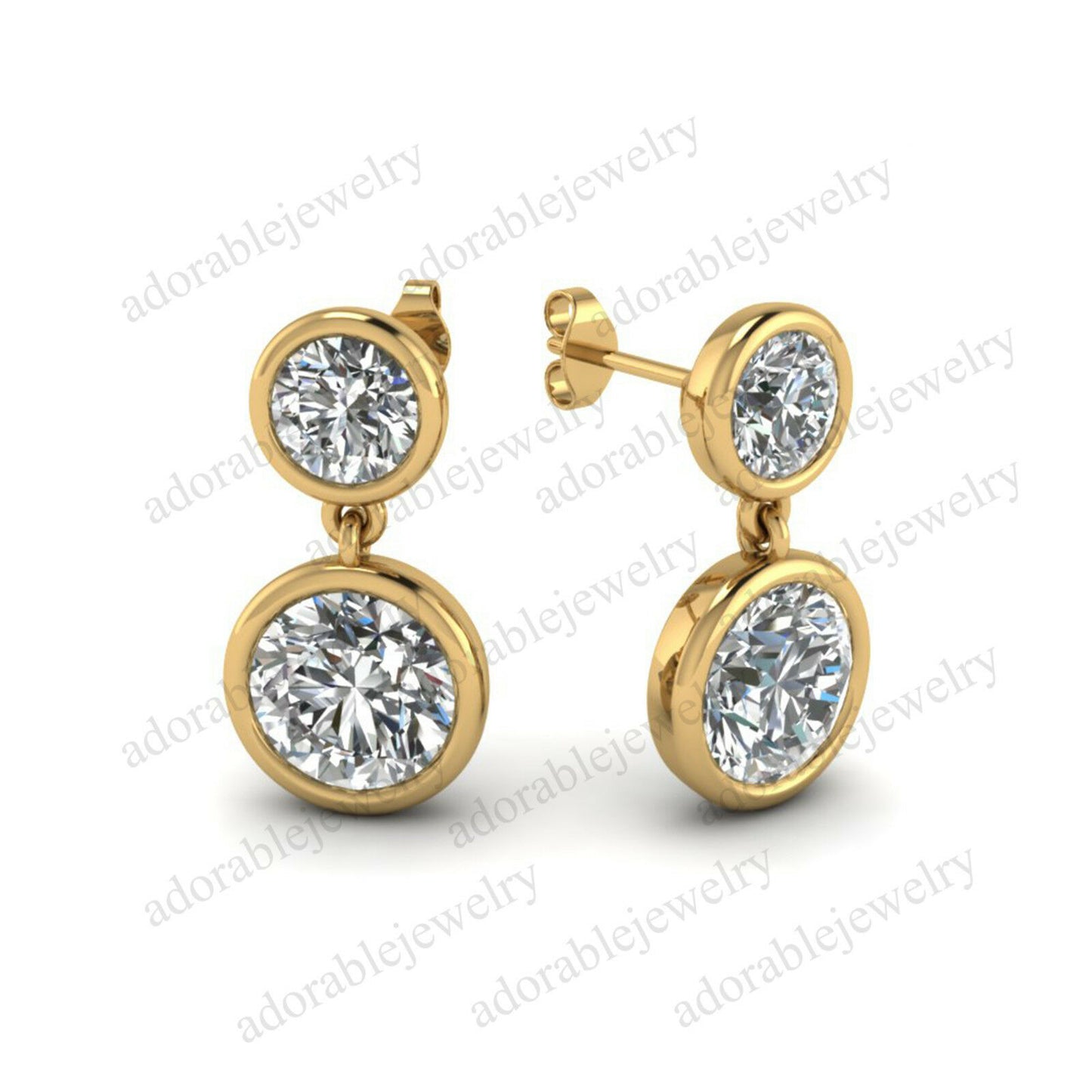Round Cut Diamond 14k Yellow Gold FN Two -Stone Drop Dangle Engagement Earrings - atjewels.in