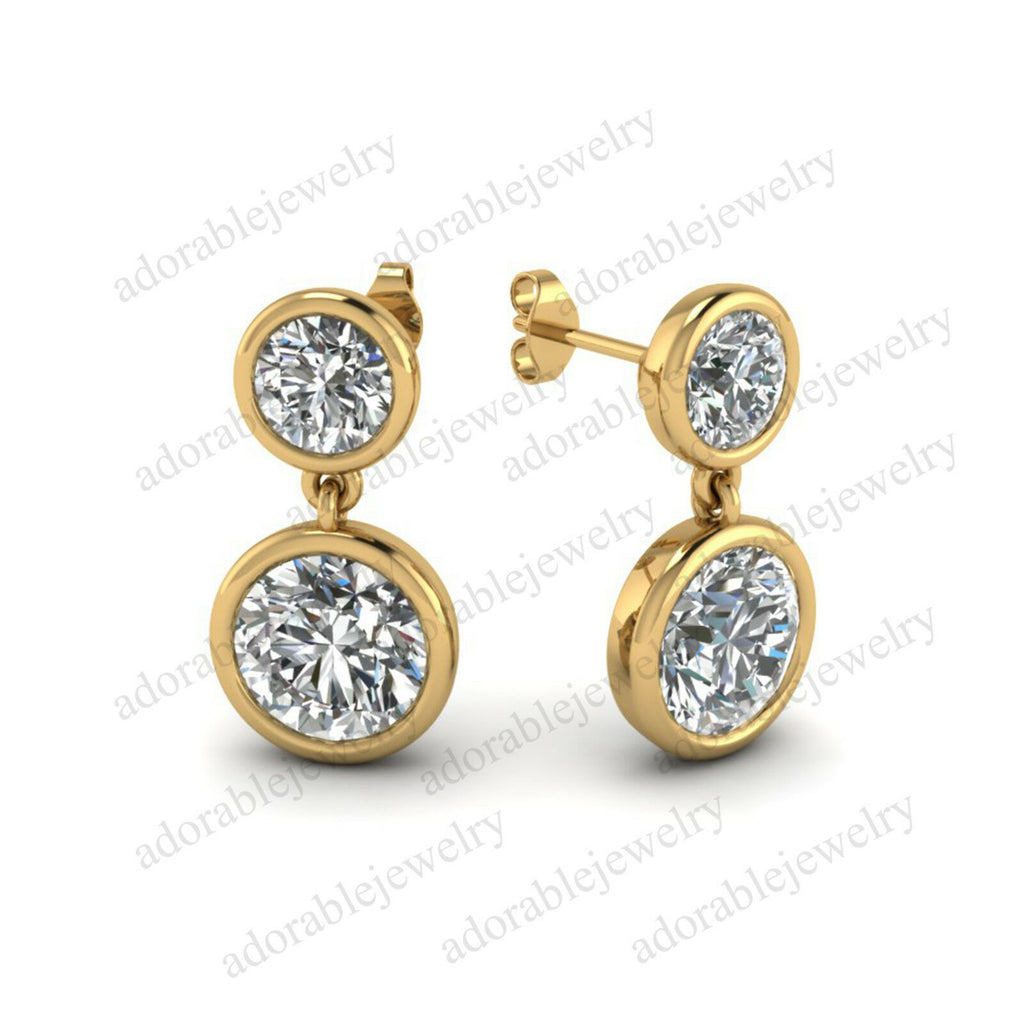 Round Cut Diamond 14k Yellow Gold FN Two -Stone Drop Dangle Engagement Earrings - atjewels.in