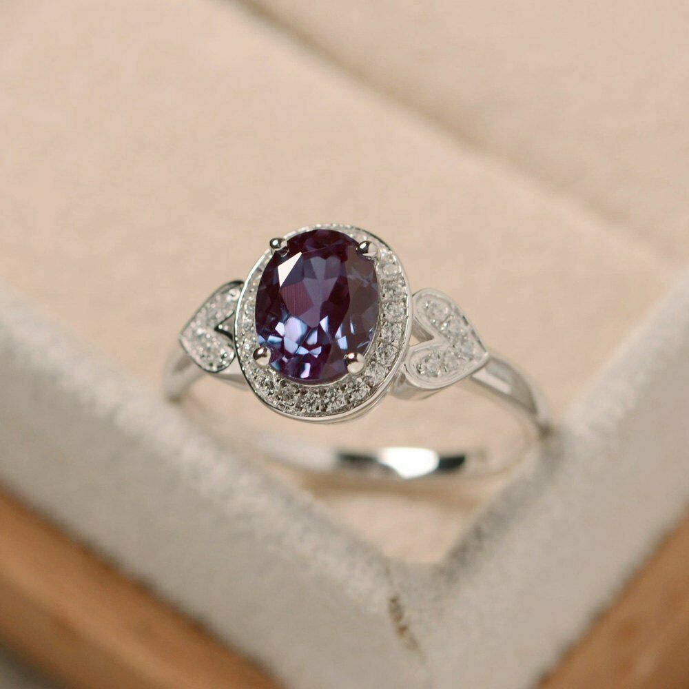 14k White Gold Over 2 CT Oval Cut Alexandrite & Diamond Halo Promise Heart Ring - atjewels.in