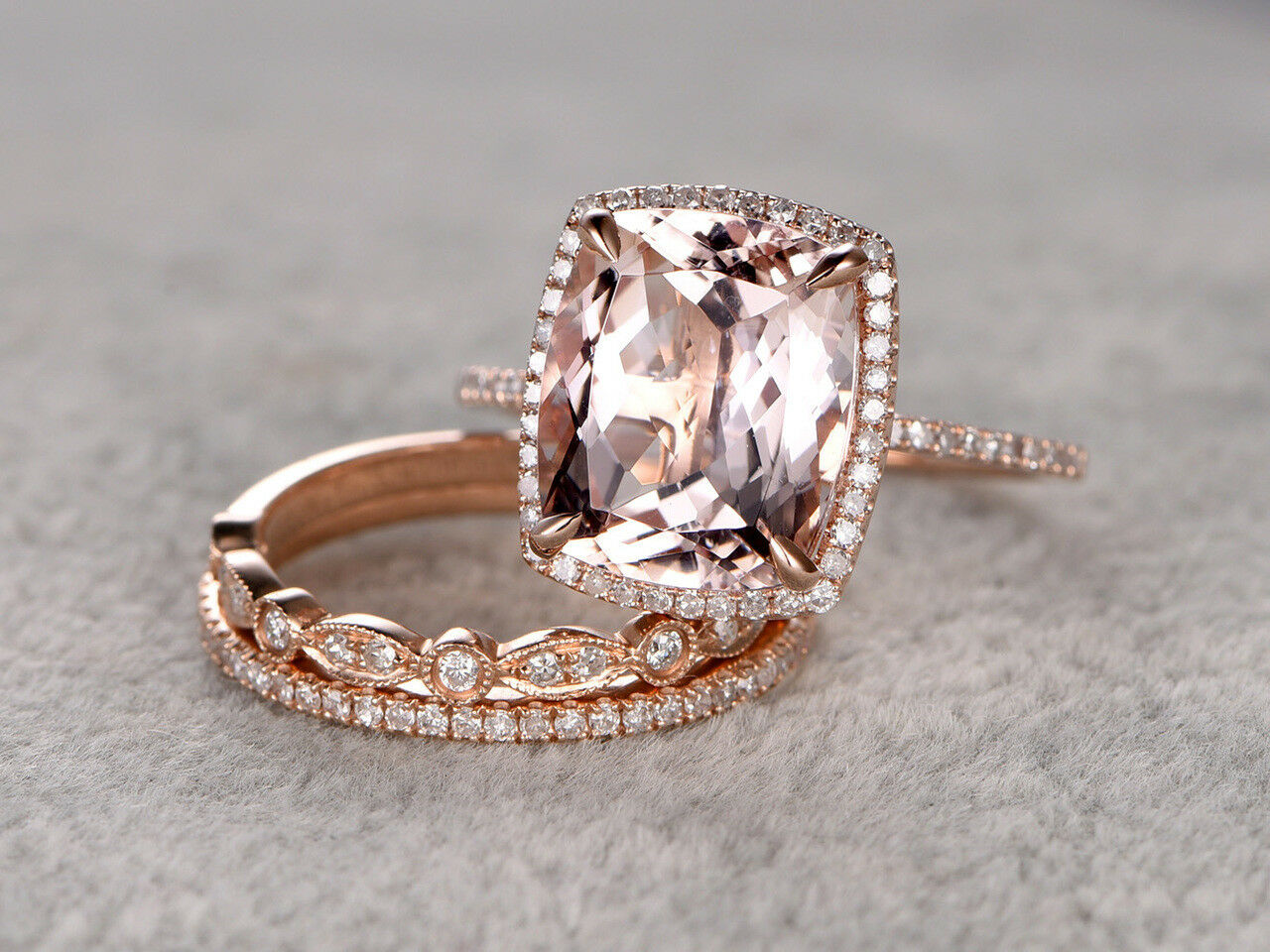 2 CT Cushion Cut Morganite Wedding Set Trio Diamond Ring 14k Rose Gold Over - atjewels.in