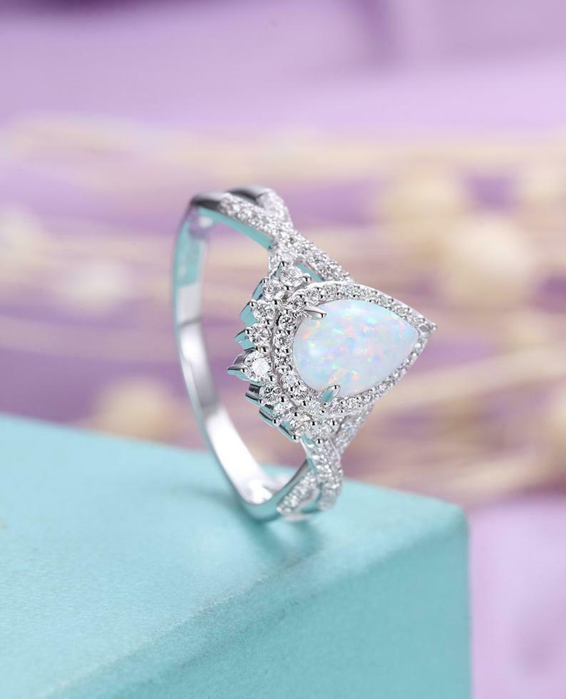 2 CT Pear Cut White Fire Opal 14k White Gold Over Diamond Vintage Halo Ring Set - atjewels.in