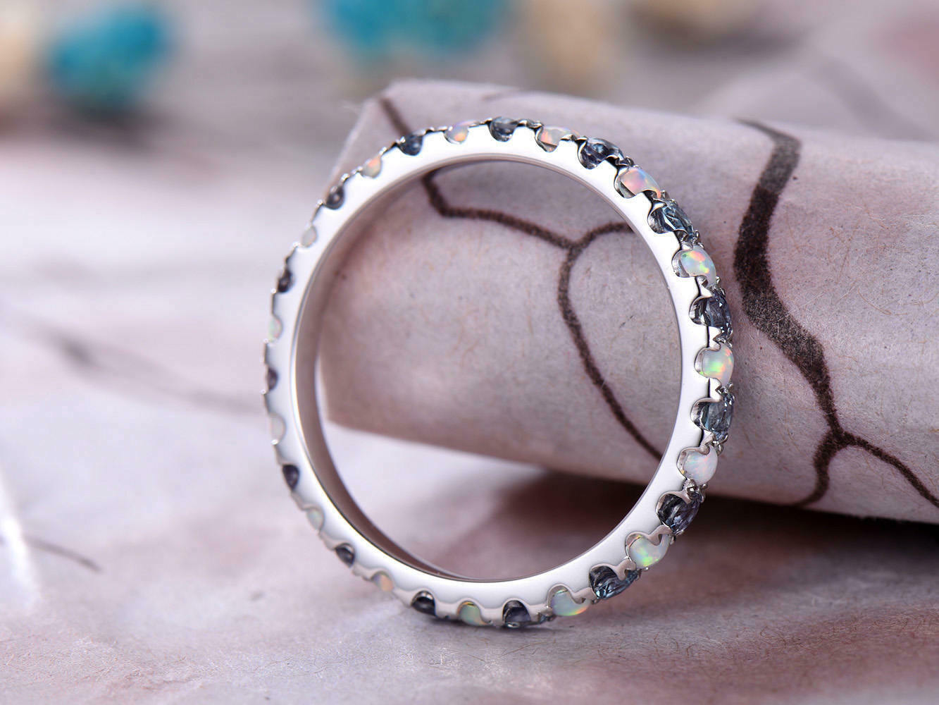 1.5 CT Round Cut Alexandrite Opal 14k White Gold Over Eternity Wedding Band Ring - atjewels.in