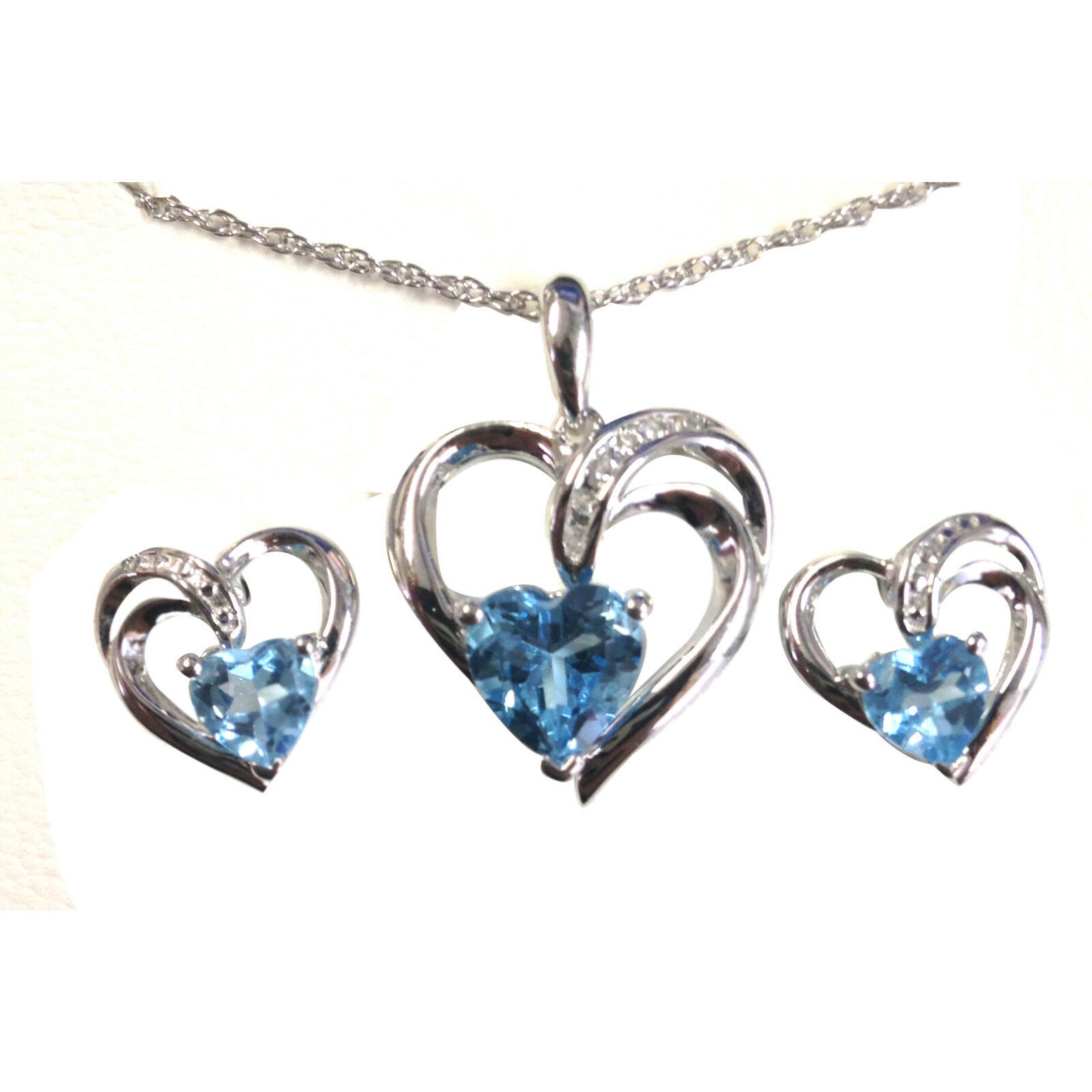 14k White Gold Over Diamond Heart Cut Blue Topaz Pendant & Earrings Jewelry Set - atjewels.in